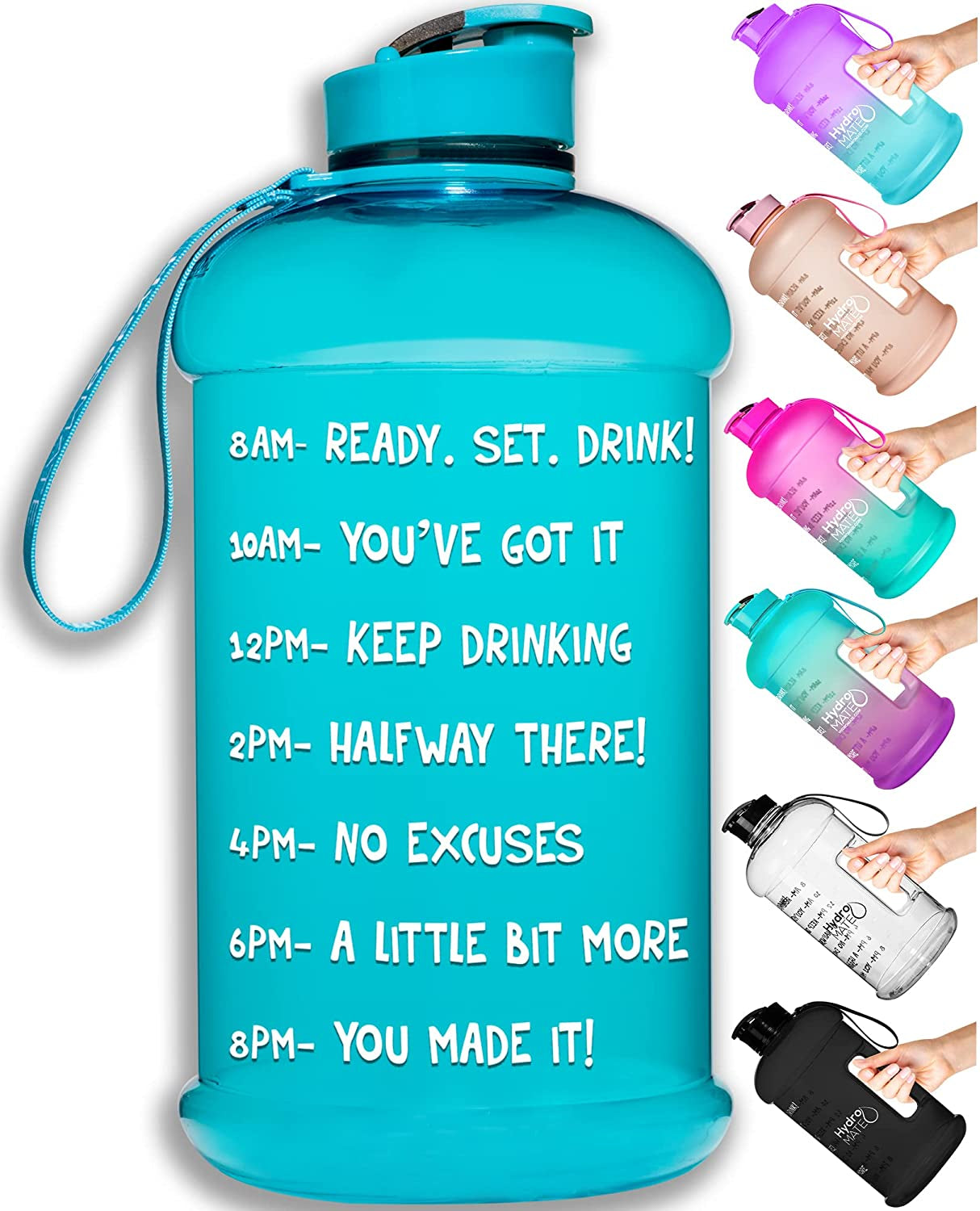 Hydromate Half Gallon Water Bottle with Times to Drink BPA Free Leak Proof Reusable Jug with Handle 64 Oz