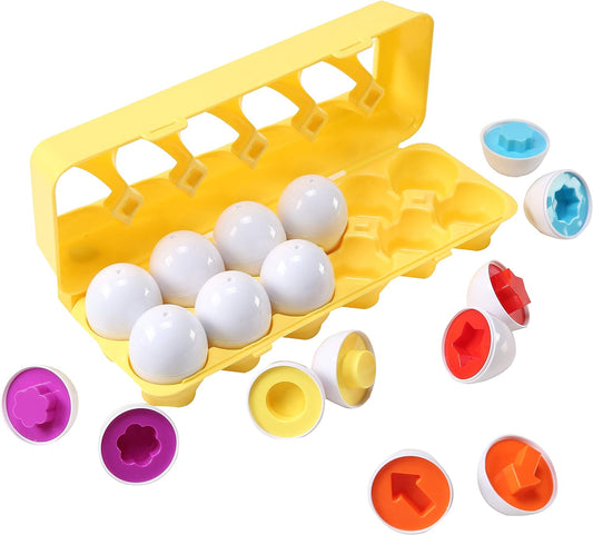 Fun Easter Egg Matching Toy Set (12 Eggs) - Toddler STEM Easter Basket Stuffers, Shape Recognition & Color Sorting Toys, Educational Easter Eggs for Kids, Play Egg Puzzle Set