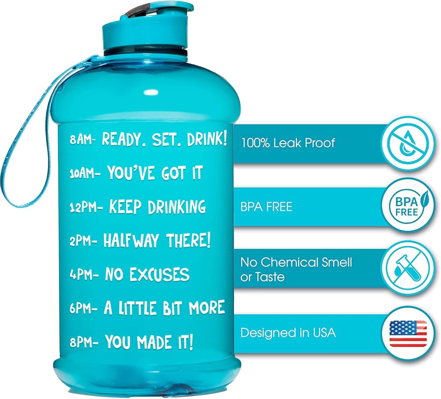 Hydromate Half Gallon Water Bottle with Times to Drink BPA Free Leak Proof Reusable Jug with Handle 64 Oz